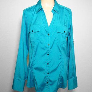 Express Design Studio Womens teal button down fitted blouse, Large